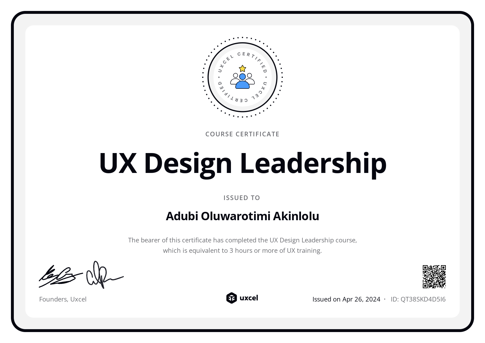 Adubi Oluwarotimi Akinlolu's certificate